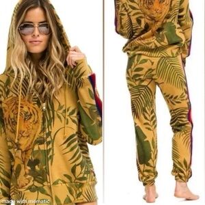 RARE Aviator Nation Jungle Tiger Print Classic Velvet Tan Set Size S/M